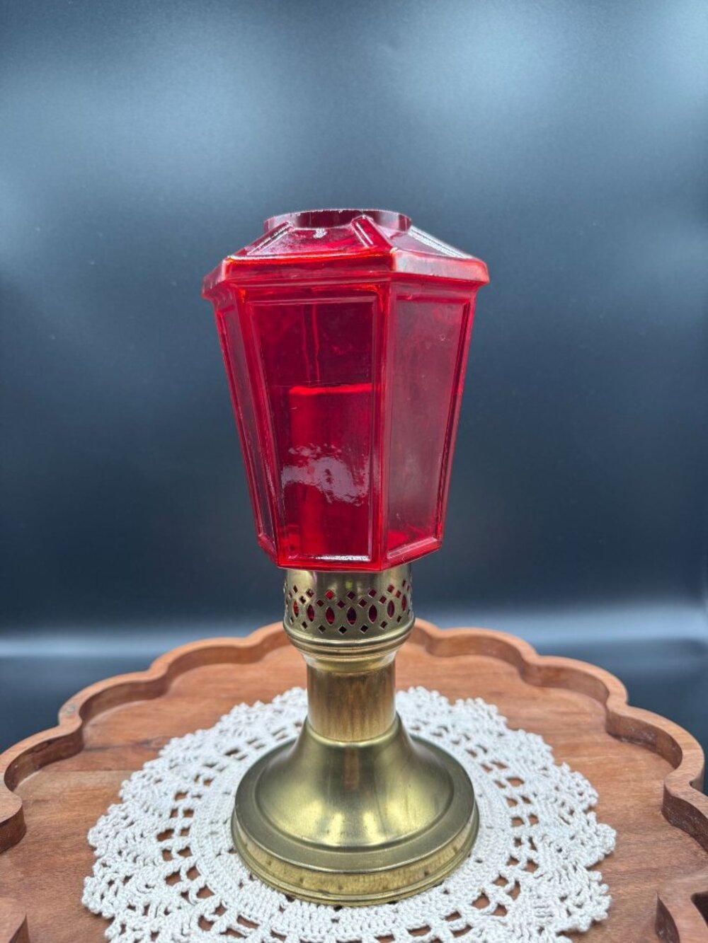 Vintage 1960s Mason Candlelight Red Glass Brass Candle Lamp MCM 14"